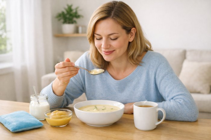 Eine Frau isst nach einer Zahn-OP vorsichtig am Tisch eine Püreesuppe. Daneben stehen eine Tasse Tee, Apfelmus und Joghurt